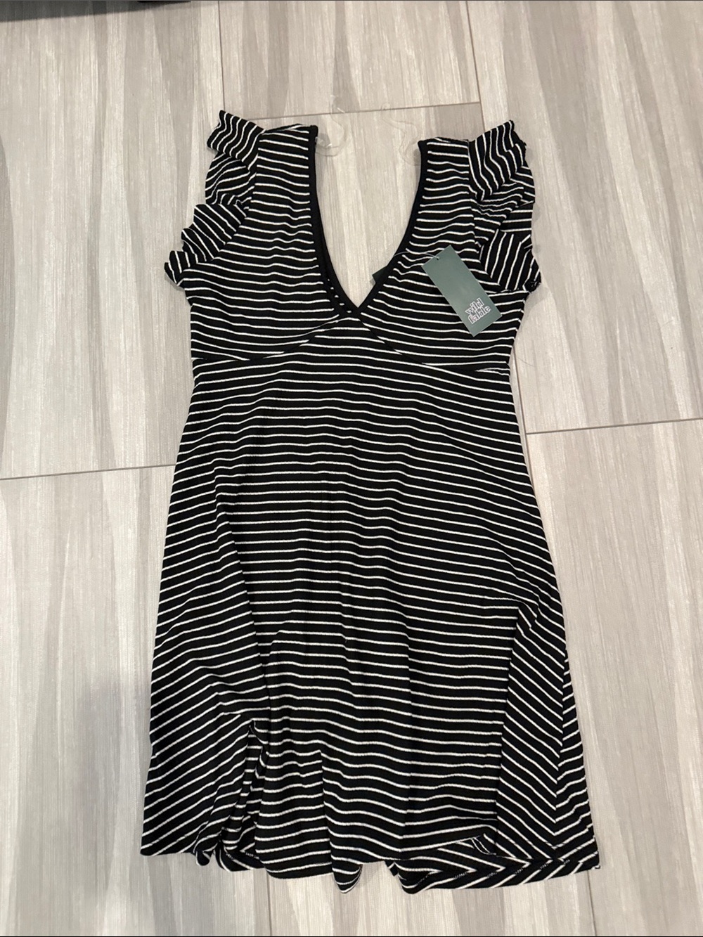 wild fable Black & White Striped V-Neck Ruffle Sleeve Dress